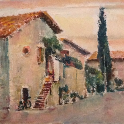 Sosta di Gigi Busato. Pittura olio su tavola, piccolo borgo. Collezione di famiglia.