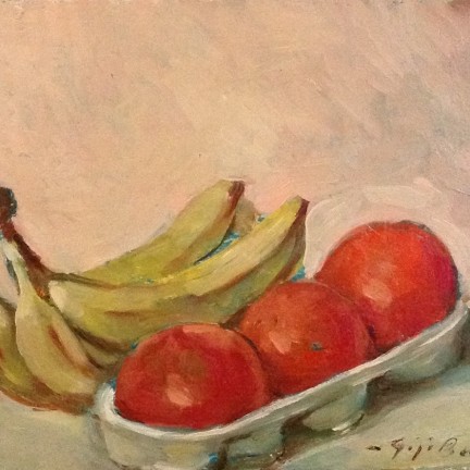 Frutta di Gigi Busato. Pittura olio su tela di frutta, banane. Collezione di famiglia.