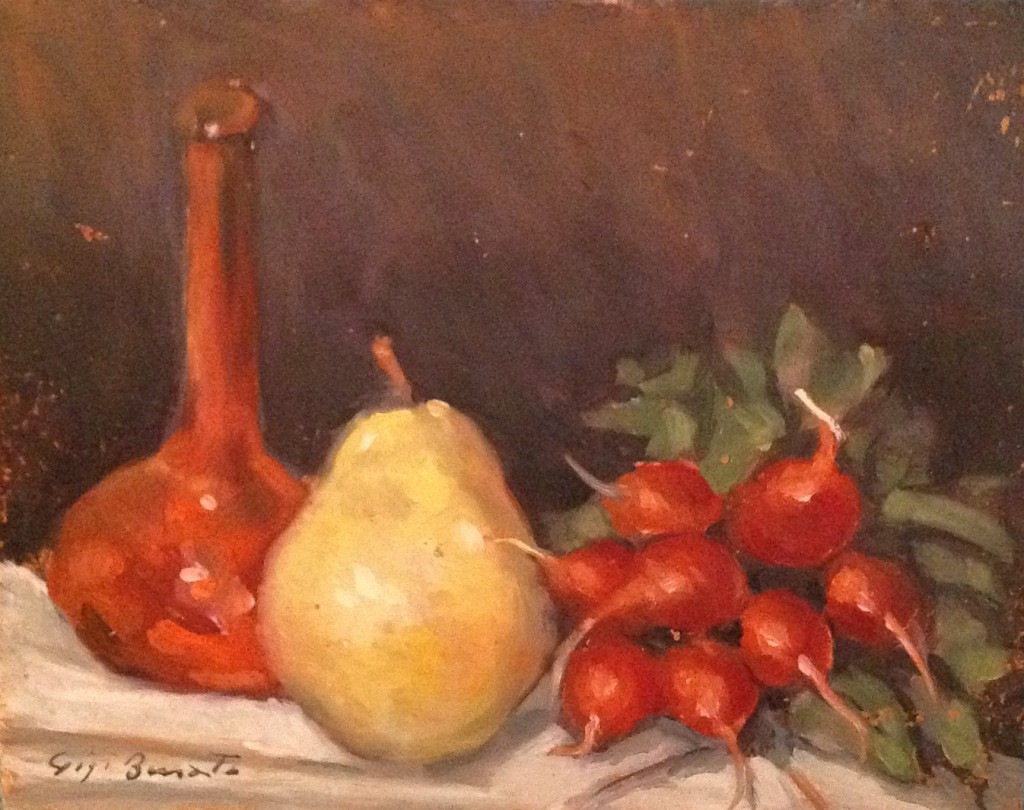 Pera di Gigi Busato. Pittura olio su tela di natura morta. Collezione di famiglia