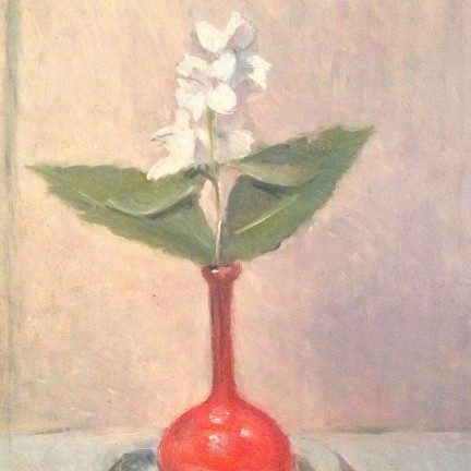 Incantò di Gigi Busato. Pittura olio su tavola, fiore bianco in un vaso rosso. Collezione di famiglia.