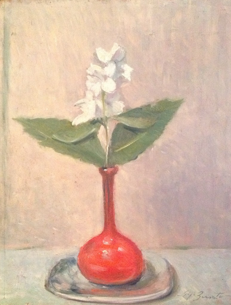 Incantò di Gigi Busato. Pittura olio su tavola, fiore bianco in un vaso rosso. Collezione di famiglia.