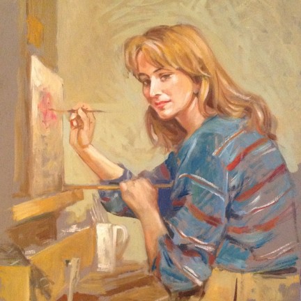 L'allieva di Gigi Busato. Pittura olio su tavola. Giovane ragazza che dipinge, allieva del maestro. Collezione di famiglia.