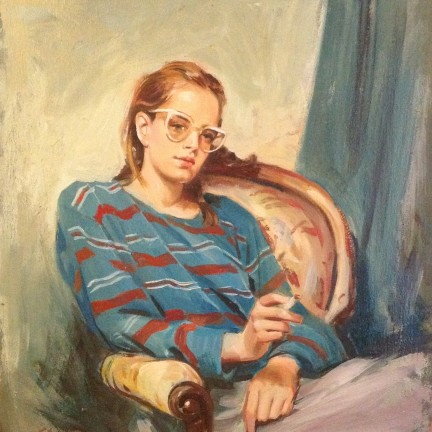 Un tiro di Gigi Busato. Pittura olio su tavola, ragazza seduta che fuma una sigaretta. Collezione di famiglia.