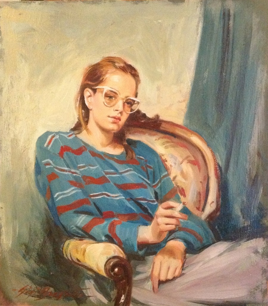 Un tiro di Gigi Busato. Pittura olio su tavola, ragazza seduta che fuma una sigaretta. Collezione di famiglia.