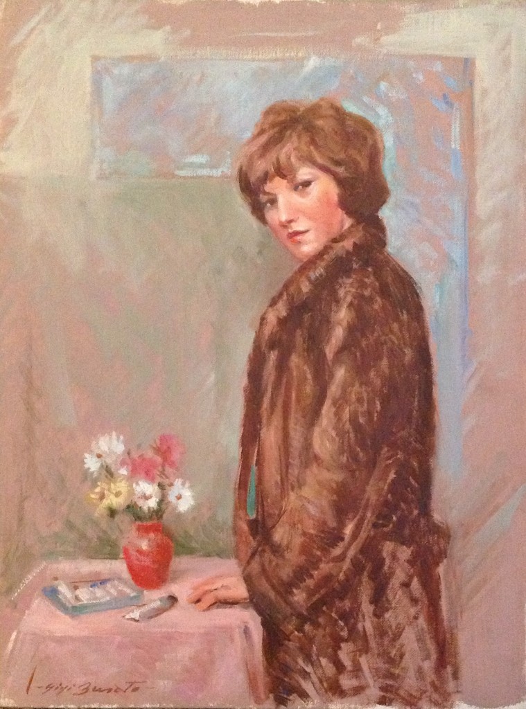 In pelliccia di Gigi Busato. Pittura olio su tavola, donna in pelliccia davanti ad un vaso di fiori. Collezione di famiglia.