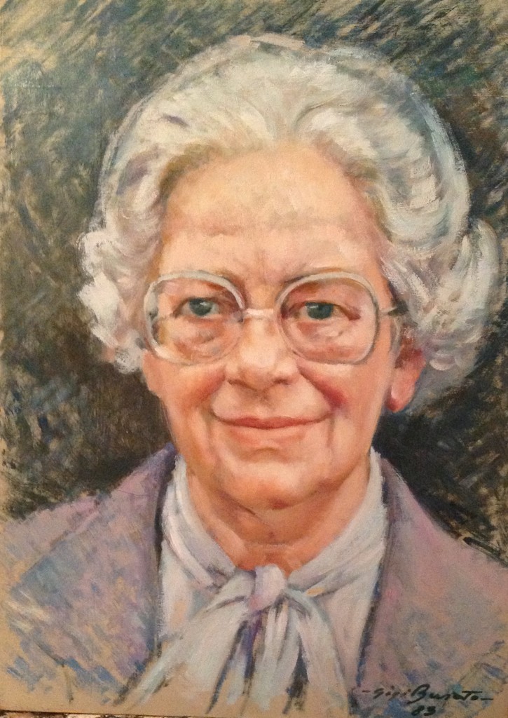 Ritratto di donna di Gigi Busato. Pittura olio su tavola di donna che sorride. Collezione di famiglia  