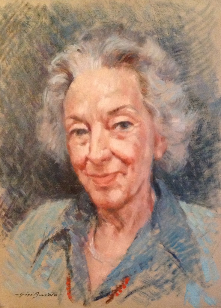 Nonna Livietta di Gigi Busato. Pittura olio su tavolo, ritratto di anziana donna. Collezione di famiglia.