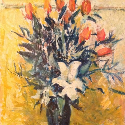 Fiori e profumi di Gigi Busato. Pittura olio su tavola vaso di fiori rossi e bianchi. Collezione di famiglia
