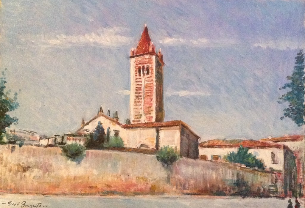 Il campanile di Gigi Busato. Pittura olio su tela, chiesa di paese. Collezione di famiglia.