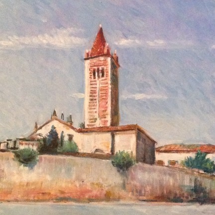 Il campanile di Gigi Busato. Pittura olio su tela, chiesa di paese. Collezione di famiglia.