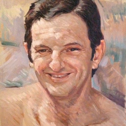 Ritratto di Gigi Busato. Pittura olio su tela, sorriso di un uomo. Collezione di famiglia.