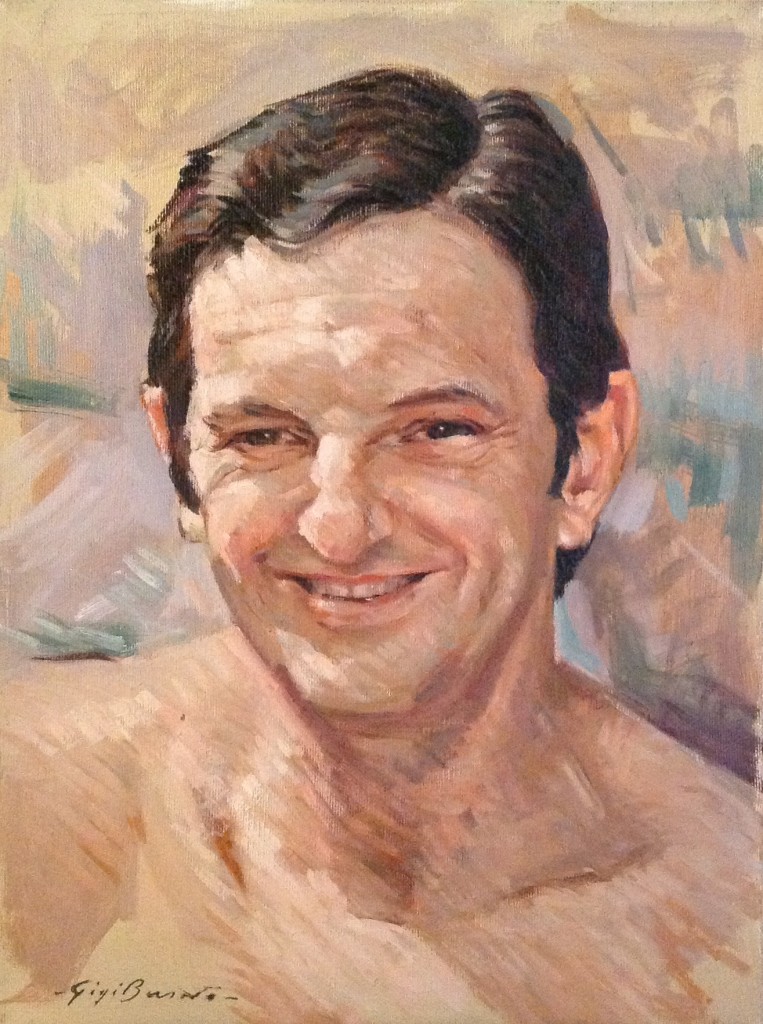 Ritratto di Gigi Busato. Pittura olio su tela, sorriso di un uomo. Collezione di famiglia.