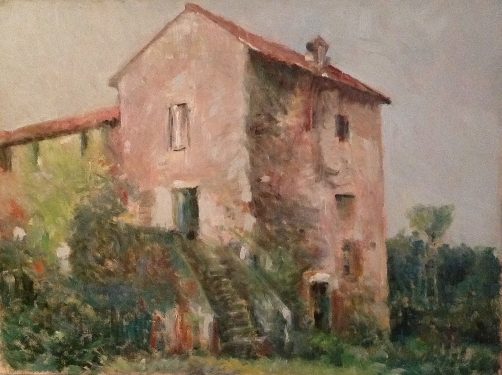 Al canton di Gigi Busato. Pittura olio su tela, rudere tra le piante. Collezione di famiglia