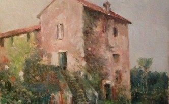 Al canton di Gigi Busato. Pittura olio su tela, rudere tra le piante. Collezione di famiglia