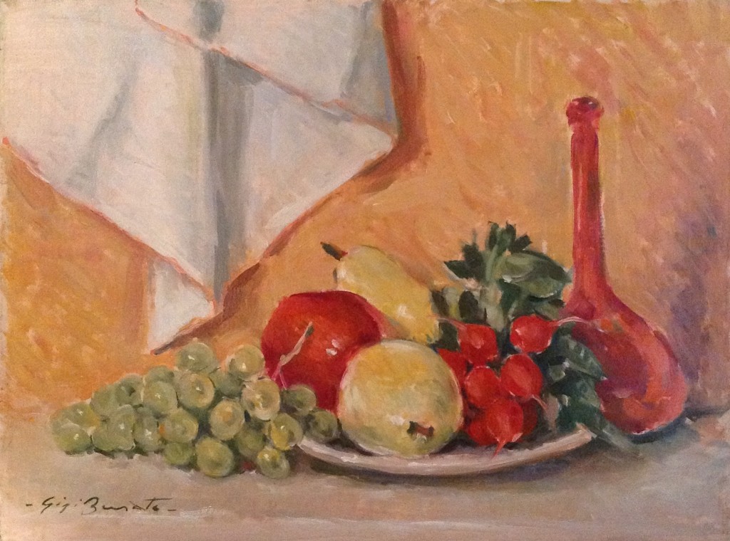 Natura morta di Gigi Busato. Pittura olio su tela, frutta in un piatto. Collezione di famgilia.