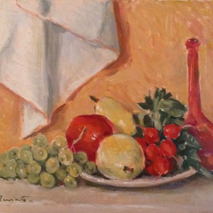 Natura morta di Gigi Busato. Pittura olio su tela, frutta in un piatto. Collezione di famgilia.